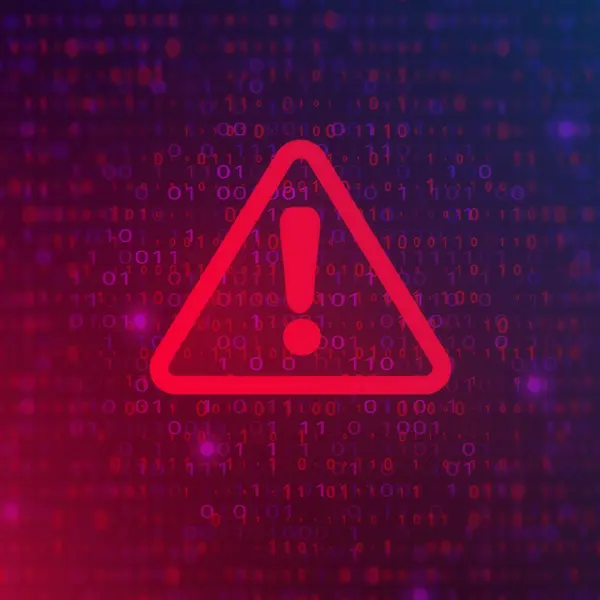 Red warning symbol with an exclamation mark over a background of digital binary code.