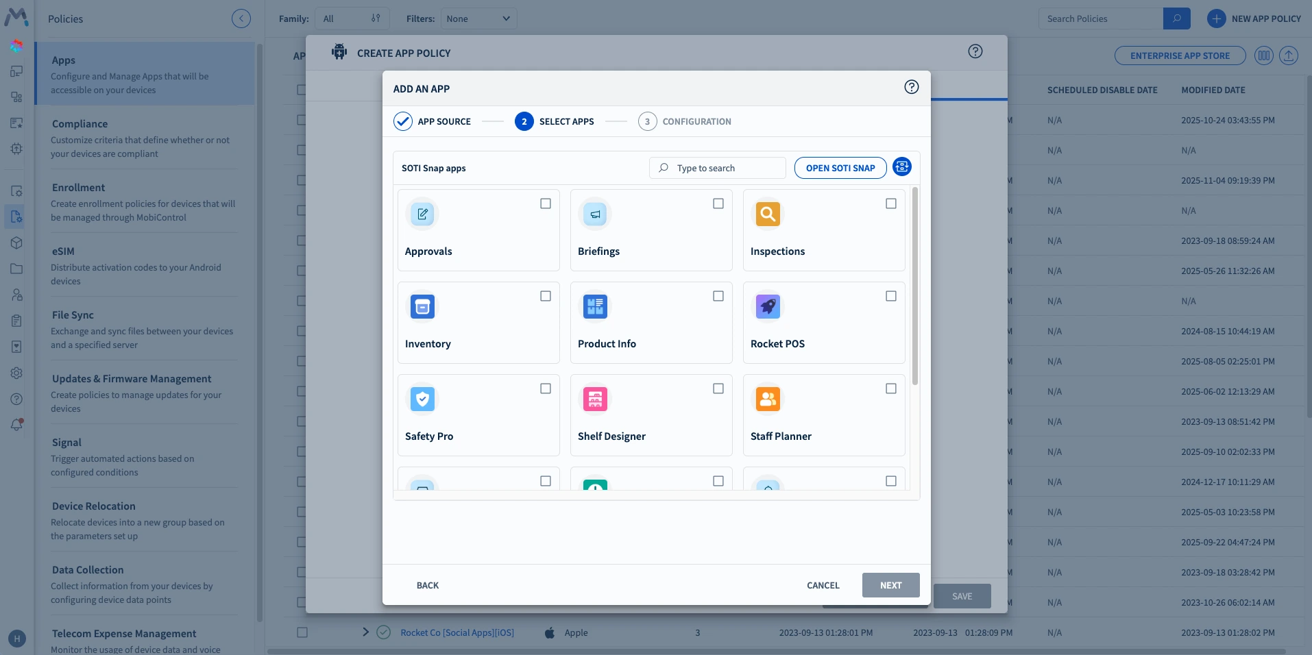 SOTI ONE apps selected, menu to select multiple apps from SOTI ONE selection.