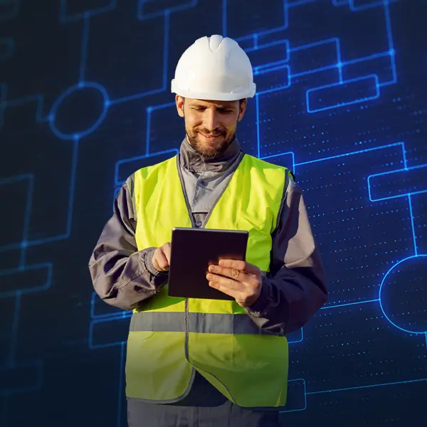 A person wearing a hard hat and high‑visibility vest stands in front of a digital flowchart display while using a tablet.
